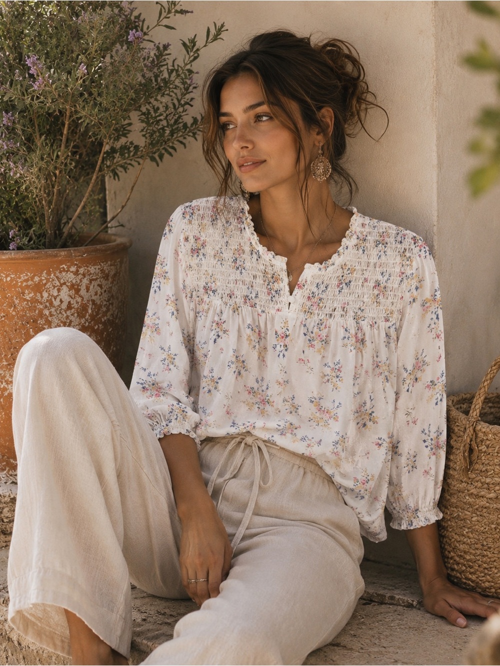 Cynthia Rowley White Floral Smocked Yoke Peasant Blouse